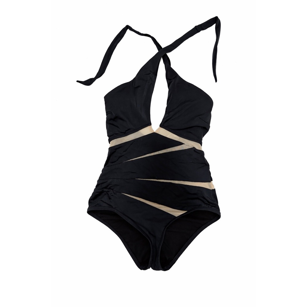 Moeva London Black‎ Mesh Panel Plunge Halter One‑Piece Swimsuit S